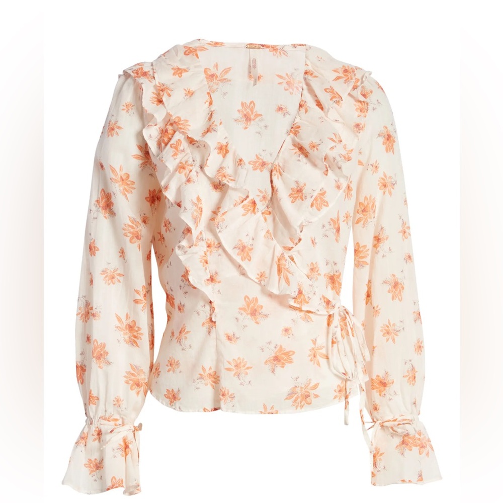 Free People Women's Ivory Combo Floral Printed Ruffle cottage core Top